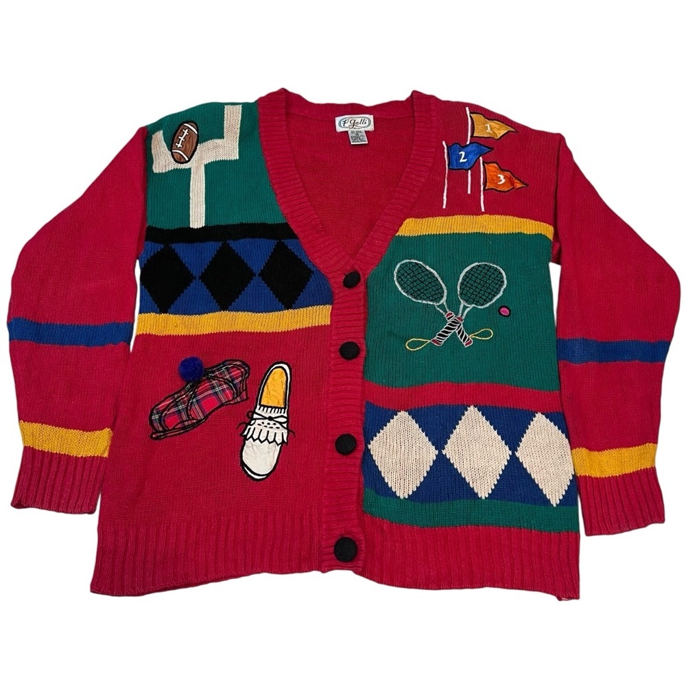 Vintage P. Galli Sports Theme Cardigan Sweater Women's S Colorful Novelty Knit